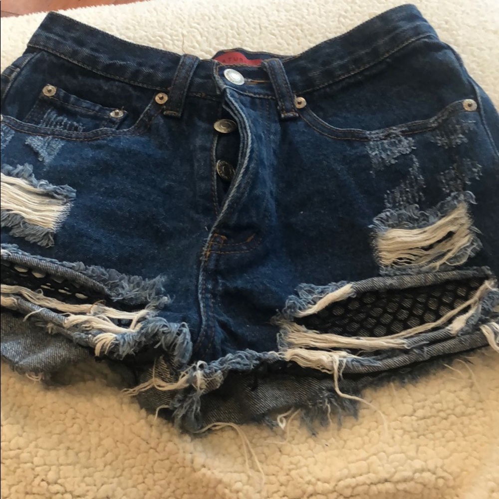 Denim shorts button fly distressed with details